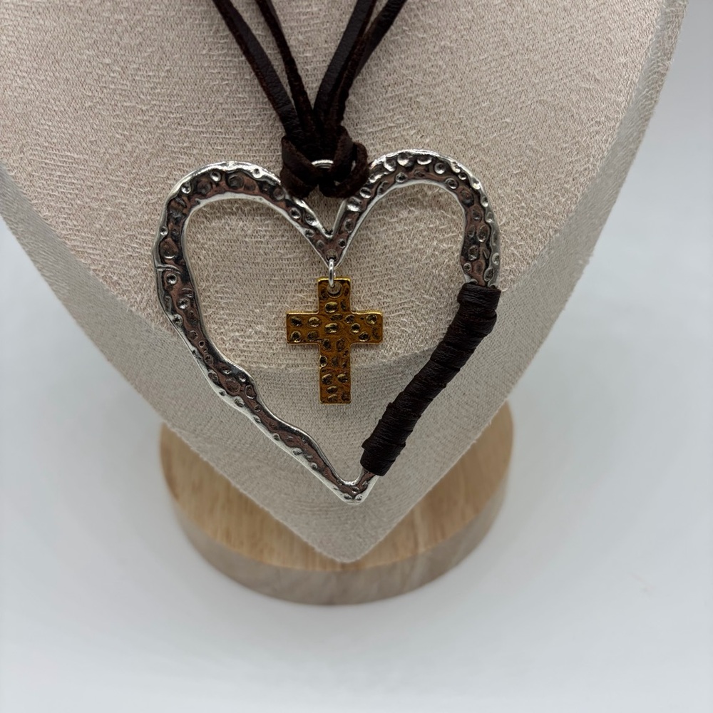 Silver‎ Heart Necklace with Gold Cross Pendant, Adjustable Leather Chain, 14"